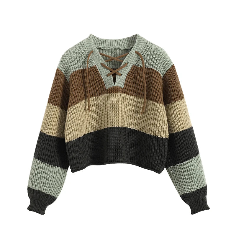 Pullover donna a righe multicolore con scollo lacciato – Maglione crop a maniche lunghe, knit casual autunno/inverno