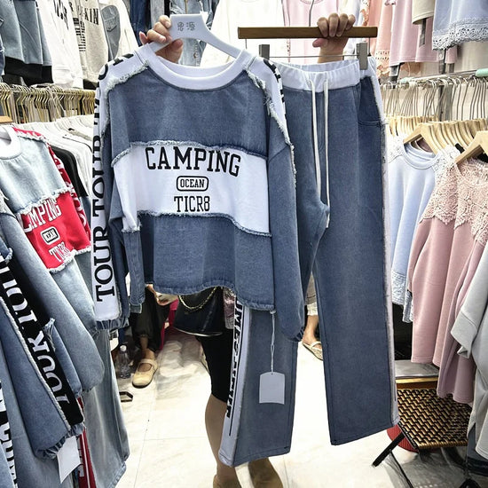 Completo Donna Denim Patchwork – Felpa + Pantaloni Streetwear Casual