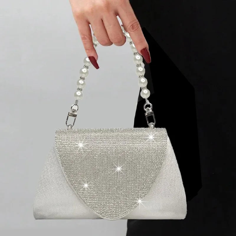 Clutch quadrata con perle e strass – Borsa da sera elegante per cocktail e matrimonio