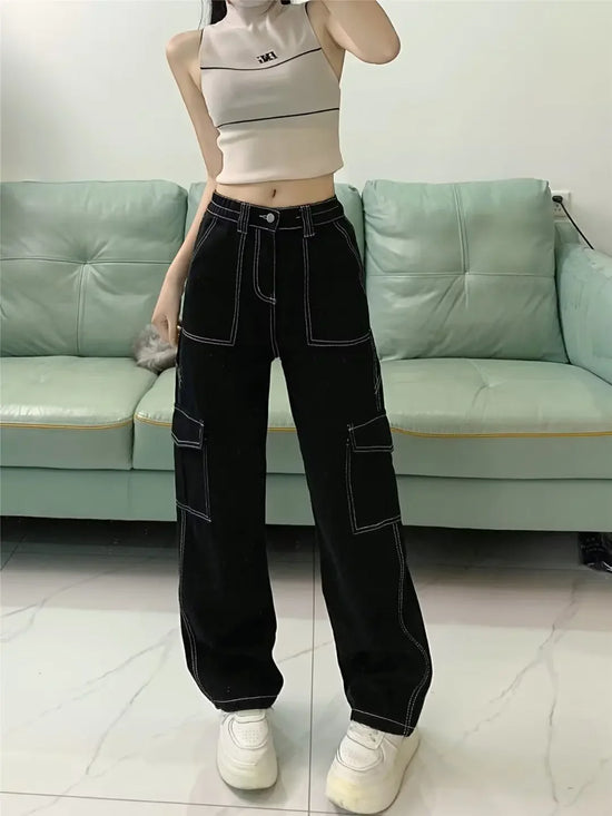 Jeans donna vita alta – Straight / loose fit a gamba dritta, cargo stile, effetto snellente per primavera/autunno