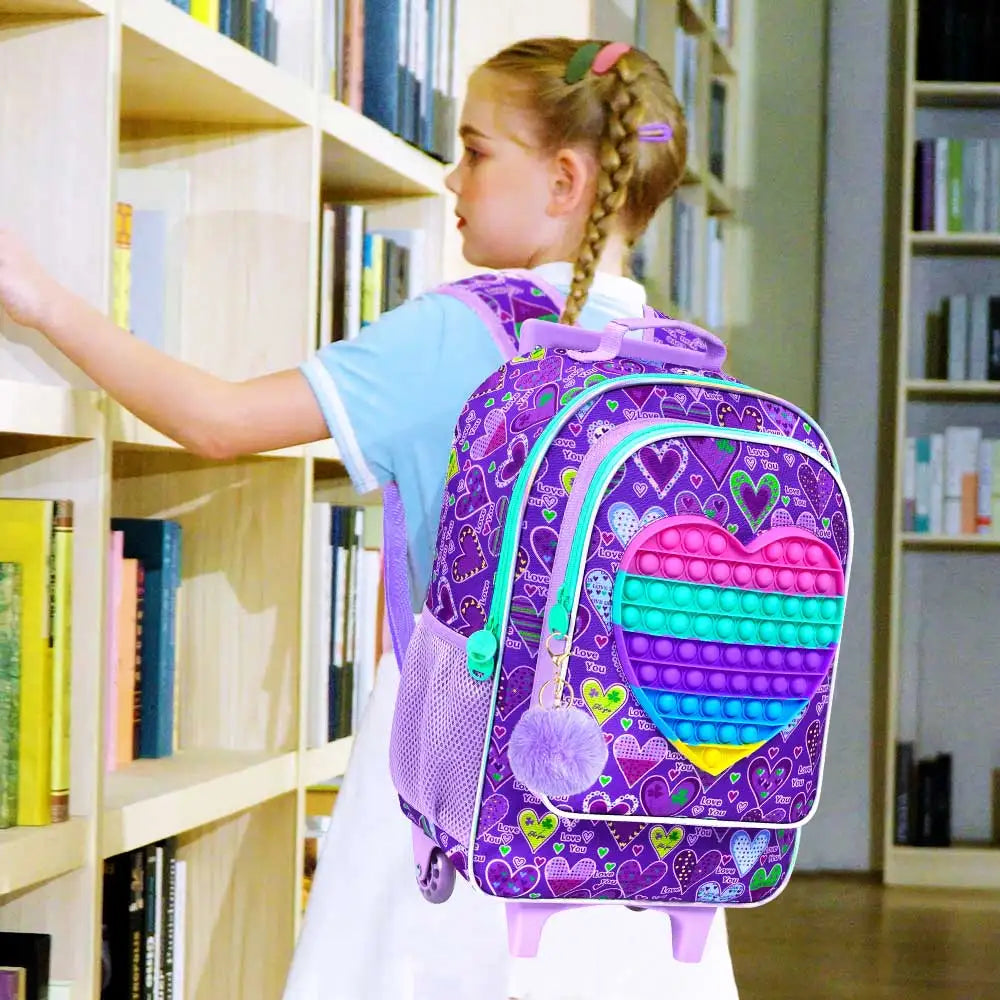 3PCS Rolling Backpack for Girls, Kids Roller Wheels Bookbag, Wheeled School Bag with Lunch Bag - Heart Purple