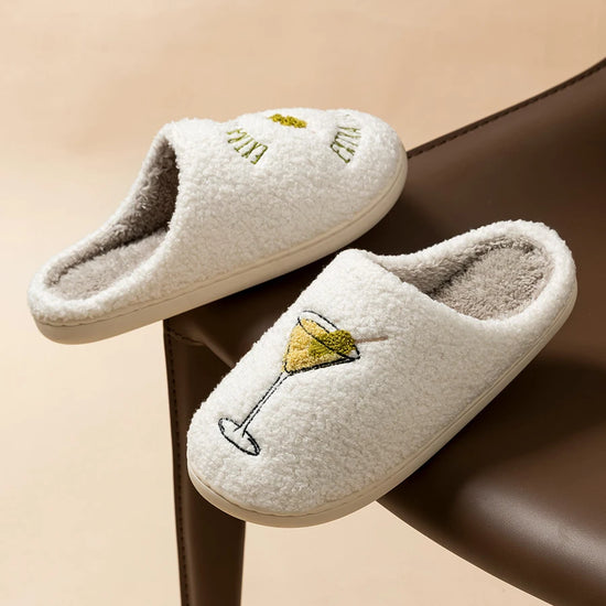 Pantofole Donna Invernali Simpatiche Plush Ricamo Cocktail – Calde, Traspiranti e Antiscivolo