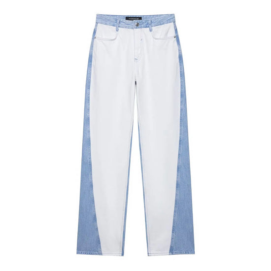 Set patchwork denim donna 2025 ‒ completo giacca monopetto + pantaloni wide-leg, look autunnale fashion con tasche