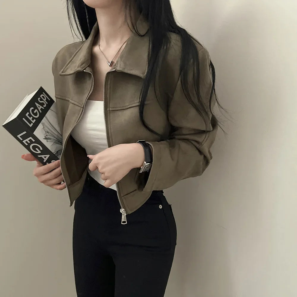 Giacca in pelle donna stile vintage – Giubbotto corto con zip, collo alla coreana, taglio slim fit, versatile e alla moda