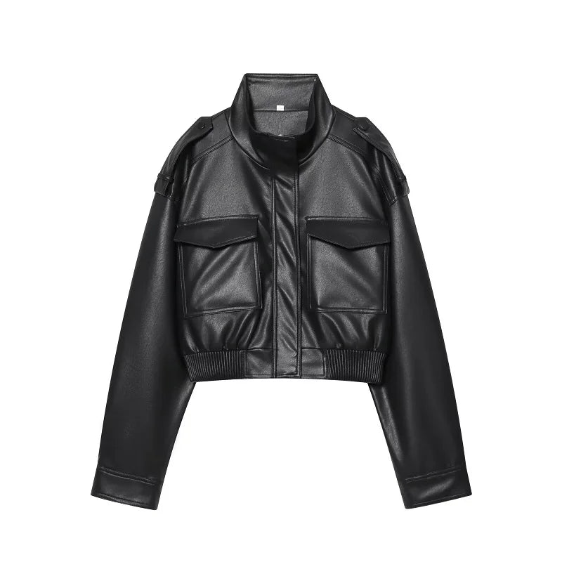 Giacca Bomber Donna Corta Effetto Pelle con Zip e Collo Alto