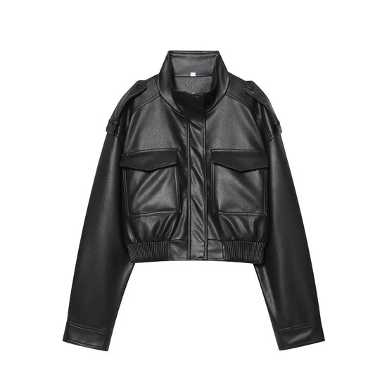 Giacca Bomber Donna Corta Effetto Pelle con Zip e Collo Alto