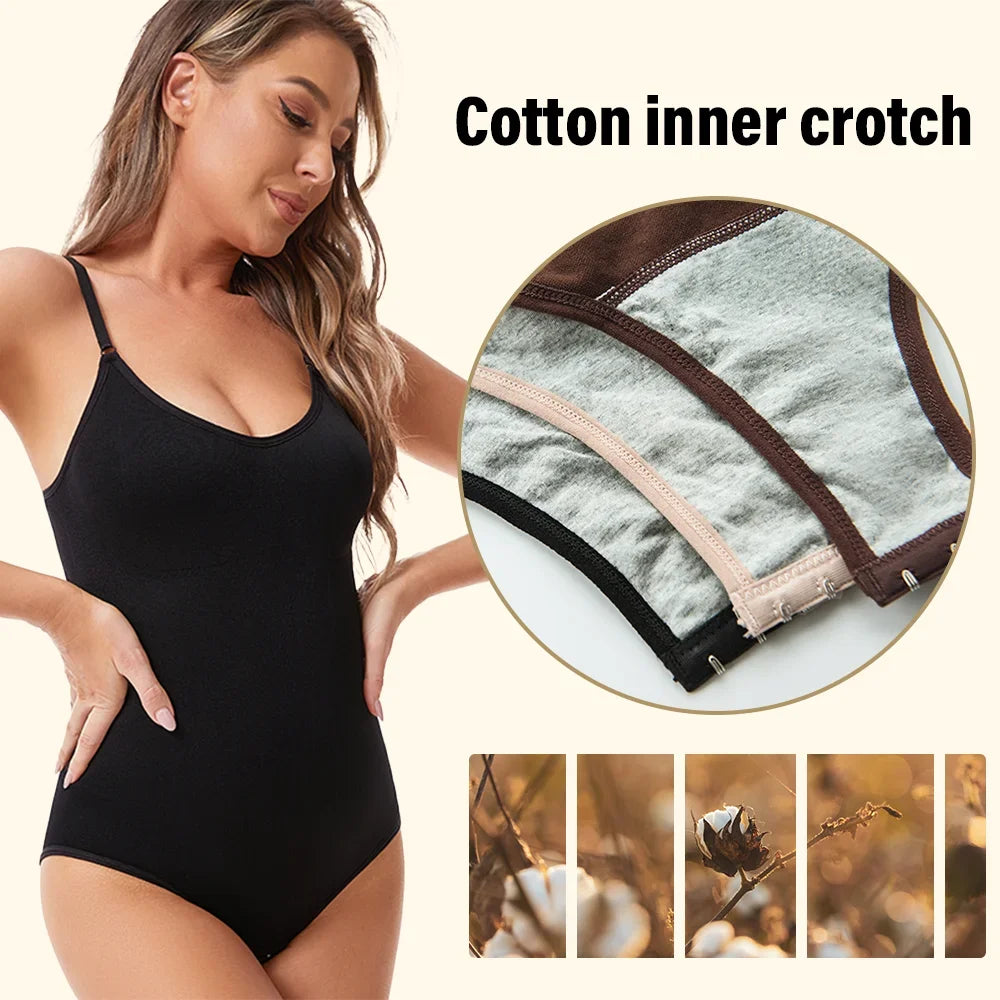 Body modellante donna in tessuto elastico e traspirante, senza cuciture, con compressione addominale e sostegno glutei. Disponibile in nude, nero, marrone.