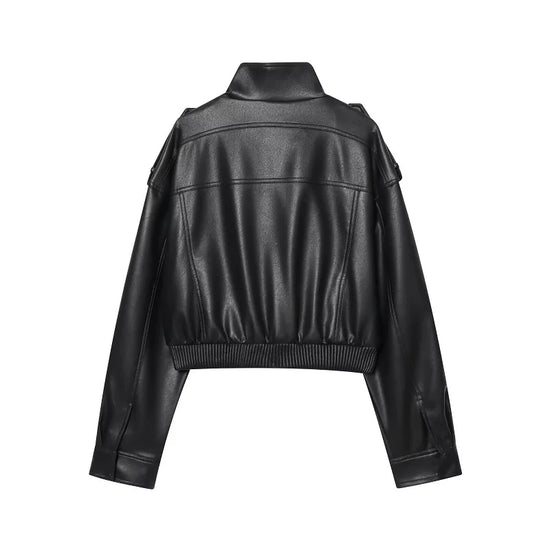Giacca Bomber Donna Corta Effetto Pelle con Zip e Collo Alto