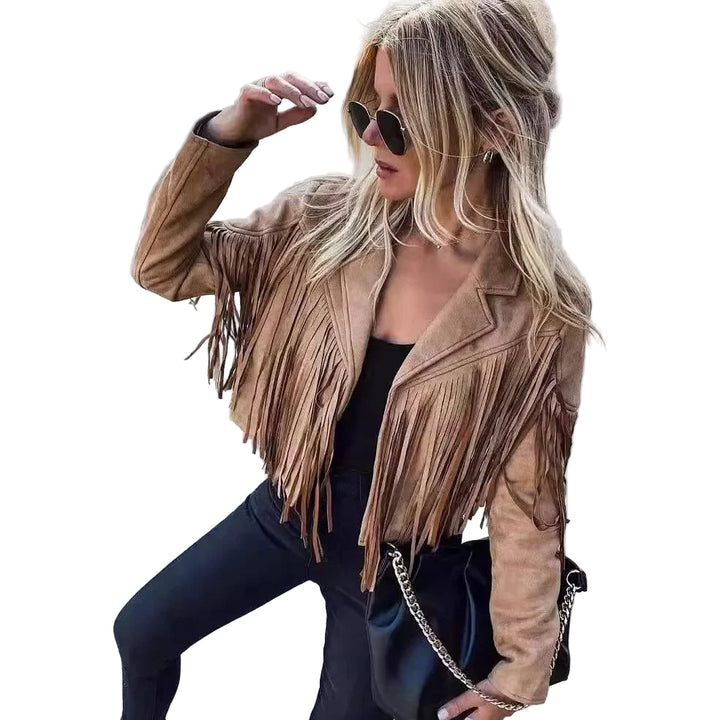 Giacca in pelle scamosciata con frange per donna – Giacca corta con colletto e maniche lunghe