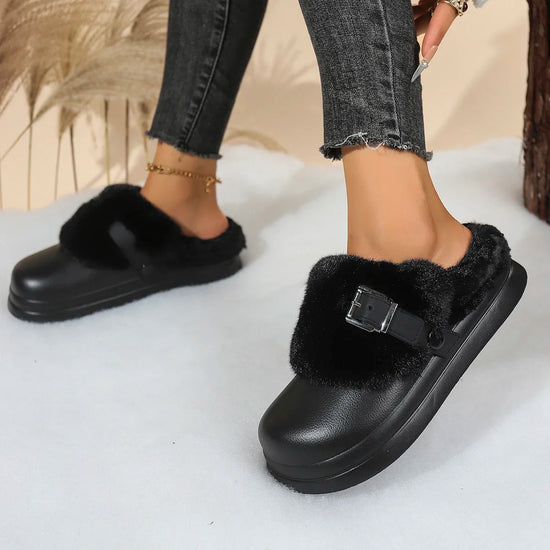 Women EVA Thick Sole Fur Slippers Closed Toe Fluffy Warm Home Slippers Woman Buckle Fashion Slip-on Cover Head Cotton Slippers
