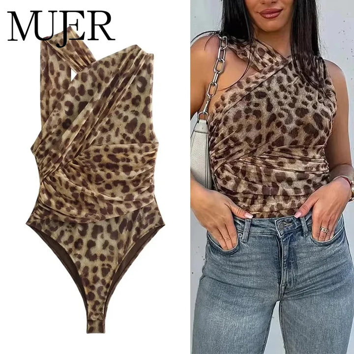 Bodysuit leopardato mesh donna 2025 – modello off-shoulder in tulle sexy e aderente