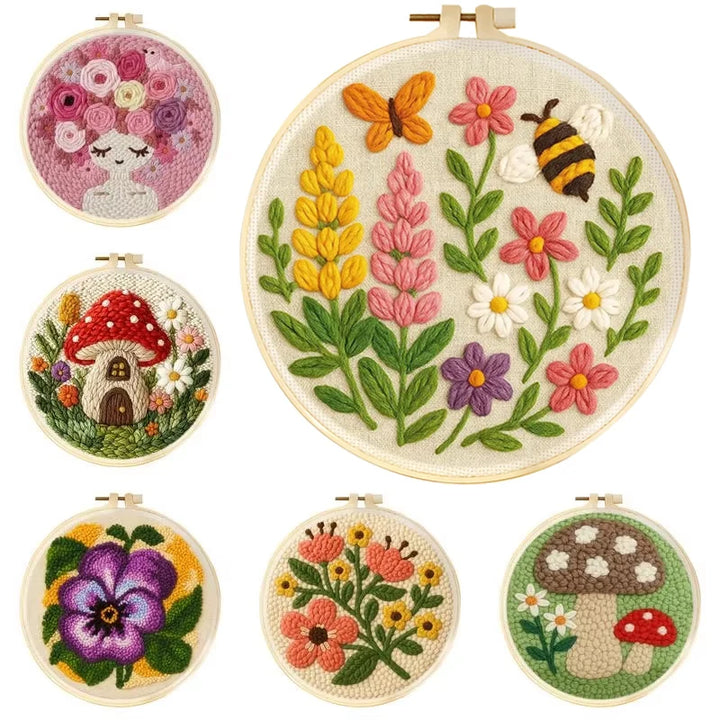 Kit Punch Needle Funghi e Fiori – Ricamo DIY Facile per Principianti
