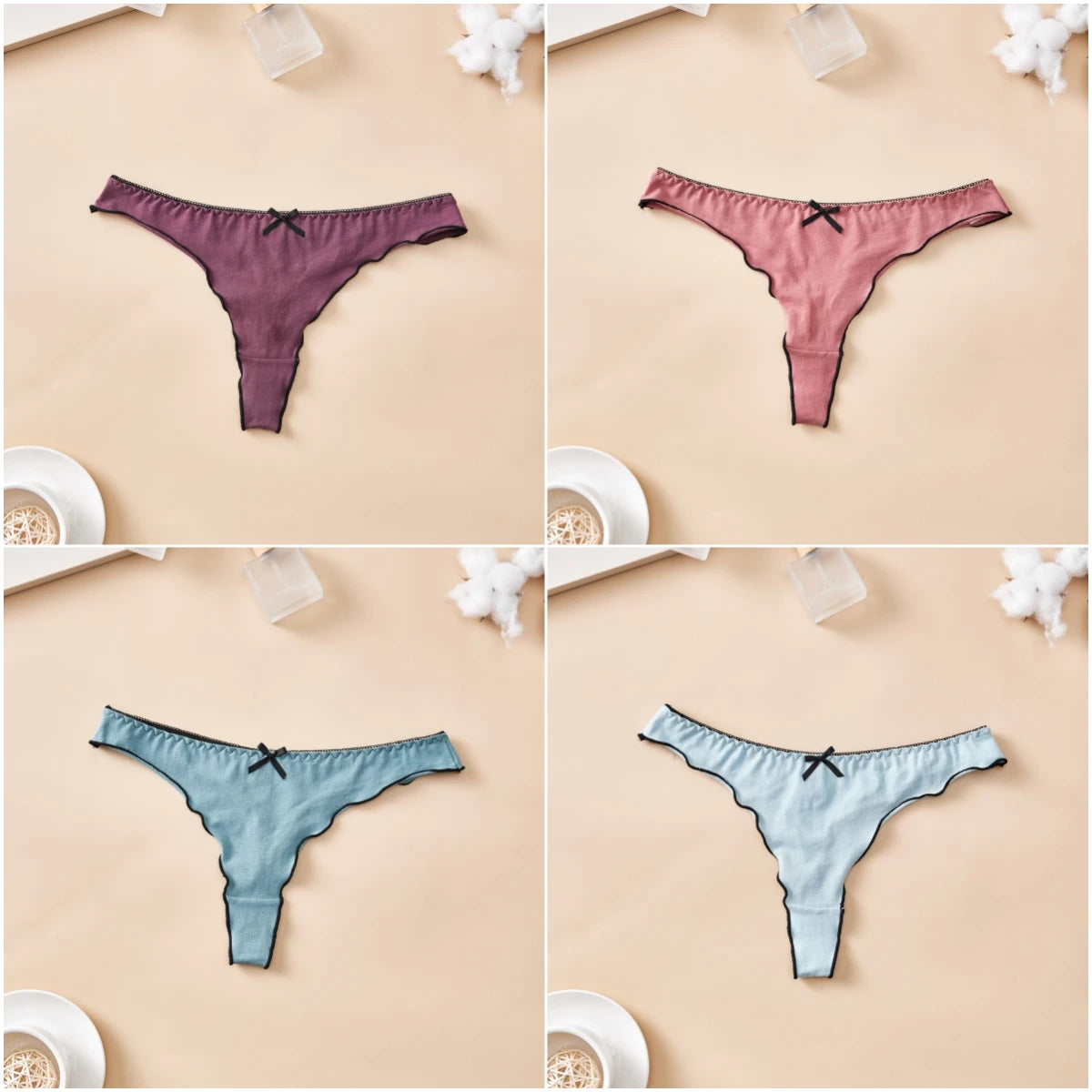 Set 4 pezzi perizomi donna in cotone – solid color, vita bassa, fascia T-back con fiocco, underwear comodo quotidiano