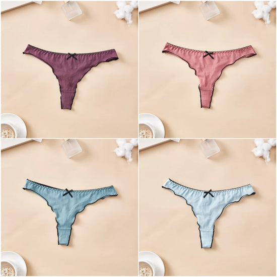 Set 4 pezzi perizomi donna in cotone – solid color, vita bassa, fascia T-back con fiocco, underwear comodo quotidiano