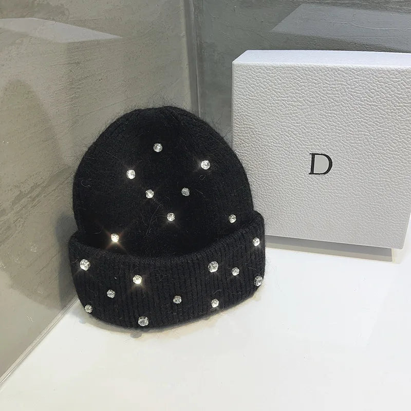 Cappello invernale con strass e pelliccia – Berretto a maglia con perline lucenti per donna, caldo e fashion
