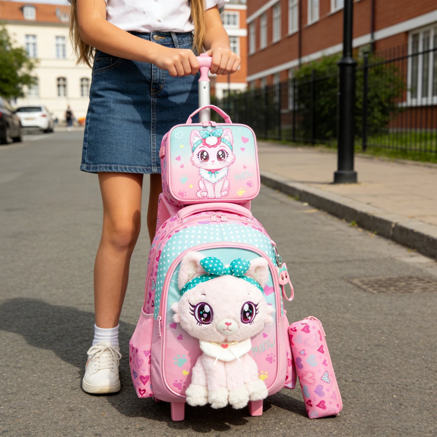 Girls 3D Plush Cat Rolling Backpack 3PCS Set - Waterproof Trolley School Bag with Wheels, Insulated Lunch Bag and Pencil Pouch -