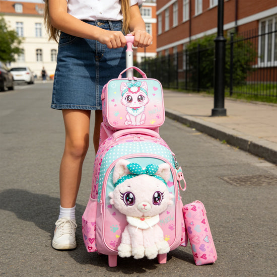 Girls 3D Plush Cat Rolling Backpack 3PCS Set - Waterproof Trolley School Bag with Wheels, Insulated Lunch Bag and Pencil Pouch -