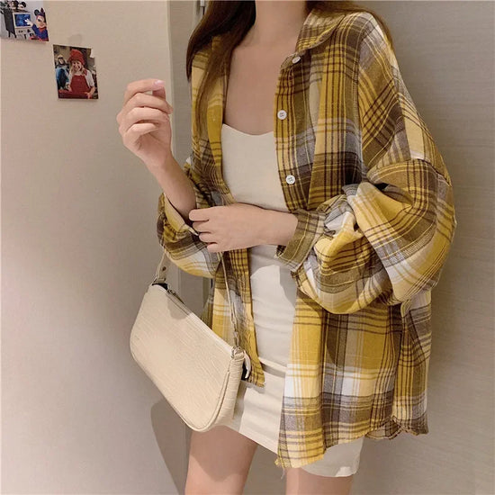 Camicia a quadri donna autunno 2025 – camicia manica lunga stile preppy vintage, taglio loose, single-breasted