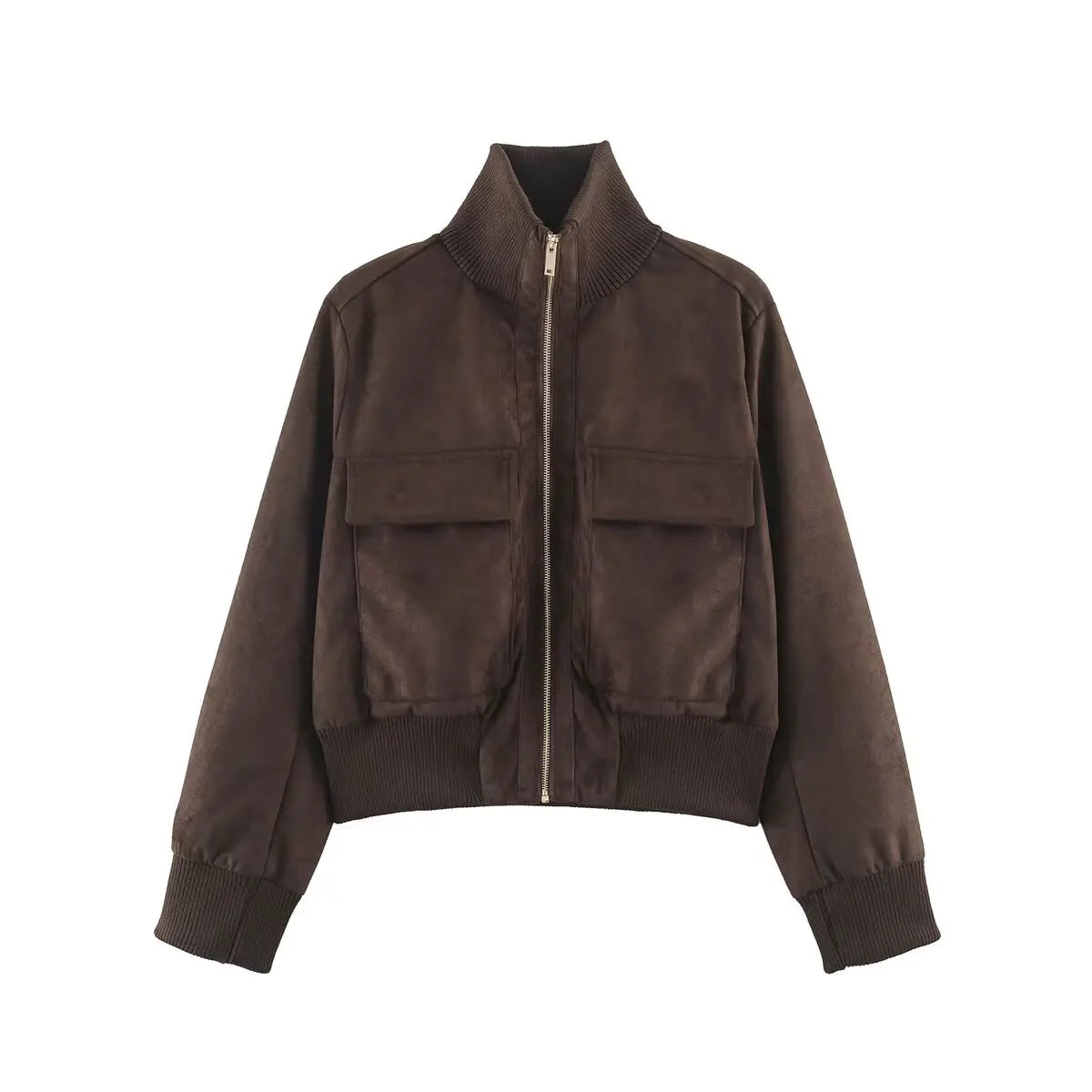 Giacca donna con grandi tasche, zip e collo alto - Marrone scuro
