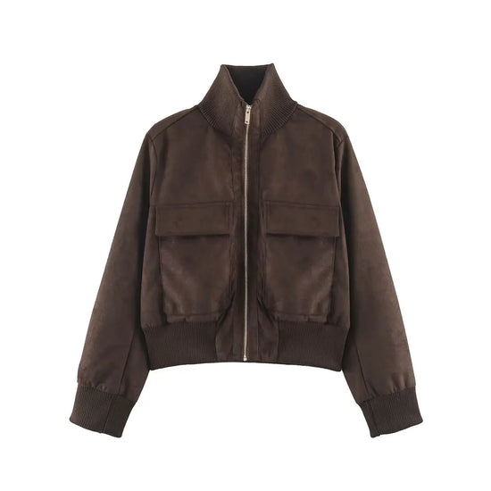 Giacca donna con grandi tasche, zip e collo alto - Marrone scuro