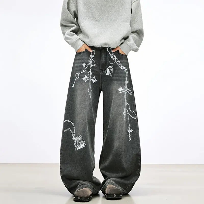 Jeans Baggy Unisex Neri con Stampa a Croce - immagine 8