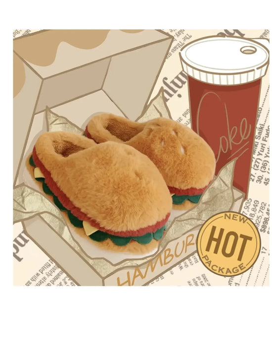 2026 new style autumn and winter fun home cotton slippers couple cute hamburger full-covered heel fuzzy shoes warm men and women
