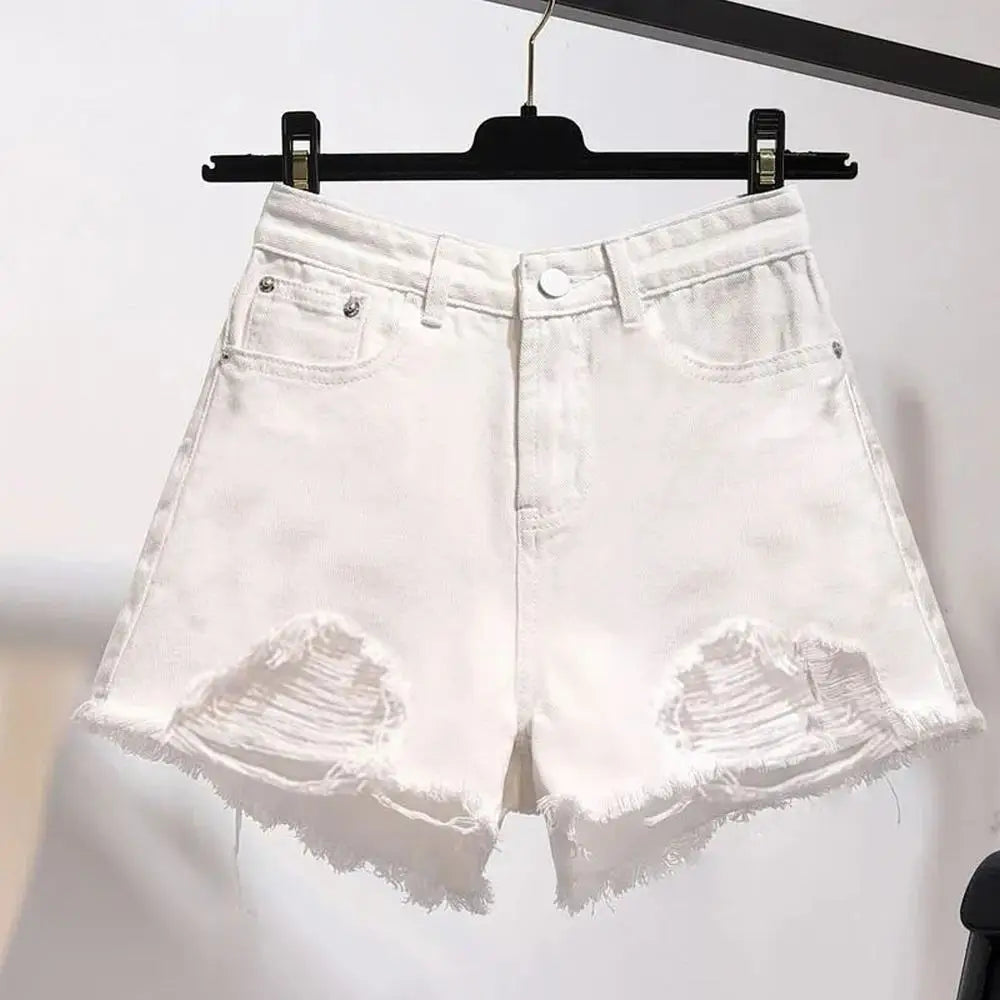 Cowboy shorts donna vita alta stile coreano – denim bianco con tasche, frange e strappi