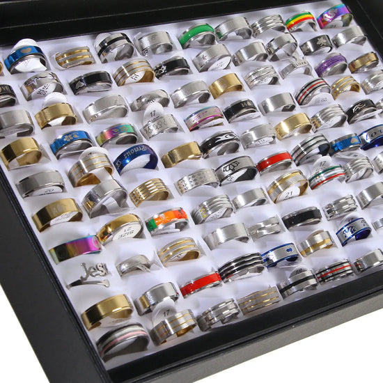 100 Anelli Misti in acciaio –  Per Uomo e Donna con Scatola Regalo