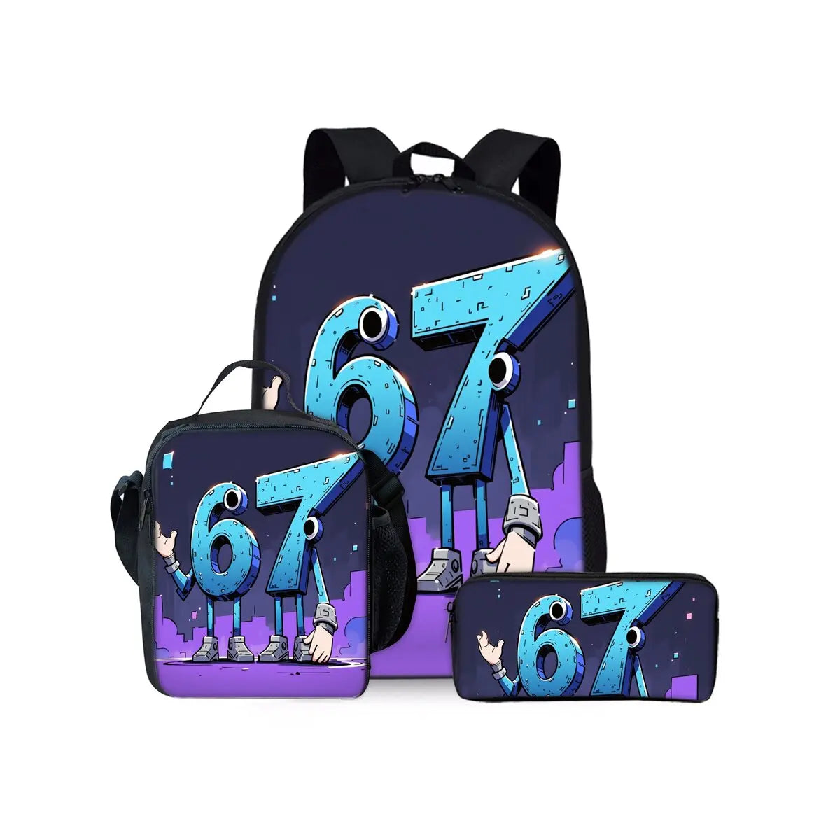 New Colorful Number 67 Print Three Piece Set Backpacks for Boy and Girls Best Gifts 2D Flat Cartoon School Bag for Children