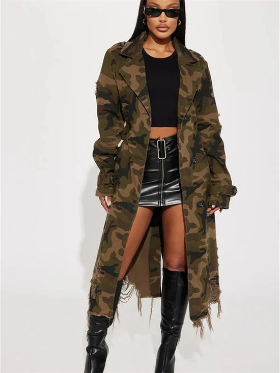 Trench camouflage oversize da donna | stile streetwear, lungo e ripped – taglie S-2XL