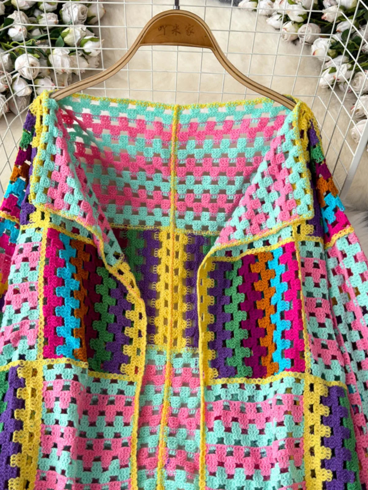 Cardigan multicolore crochet donna – Maglione traforato patchwork openwork