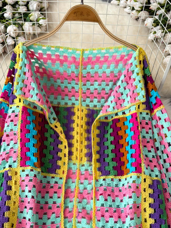 Cardigan multicolore crochet donna – Maglione traforato patchwork openwork