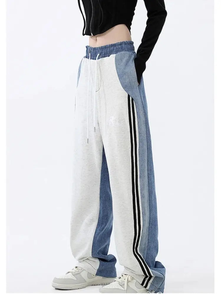 Pantaloni wide leg spliced donna – modello vita alta elasticizzata con tasche a contrasto, pantaloni larghi casual