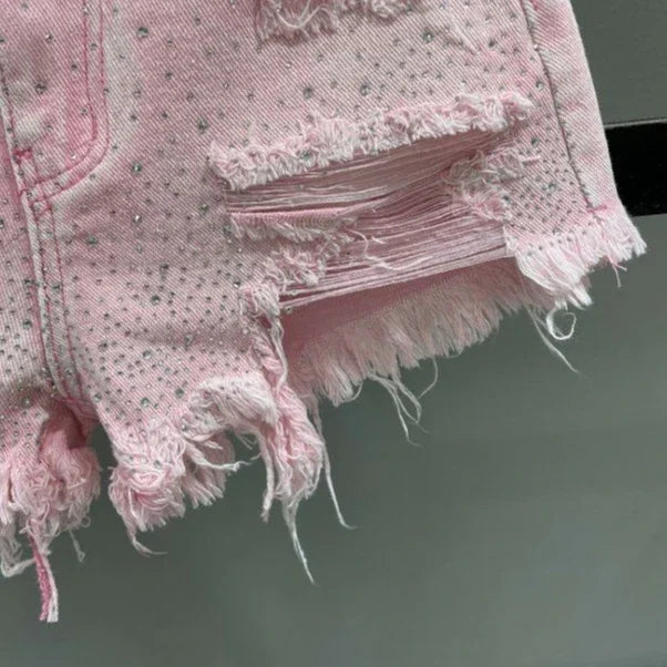Shorts jeans donna strappati con strass – Vita alta estate 2025