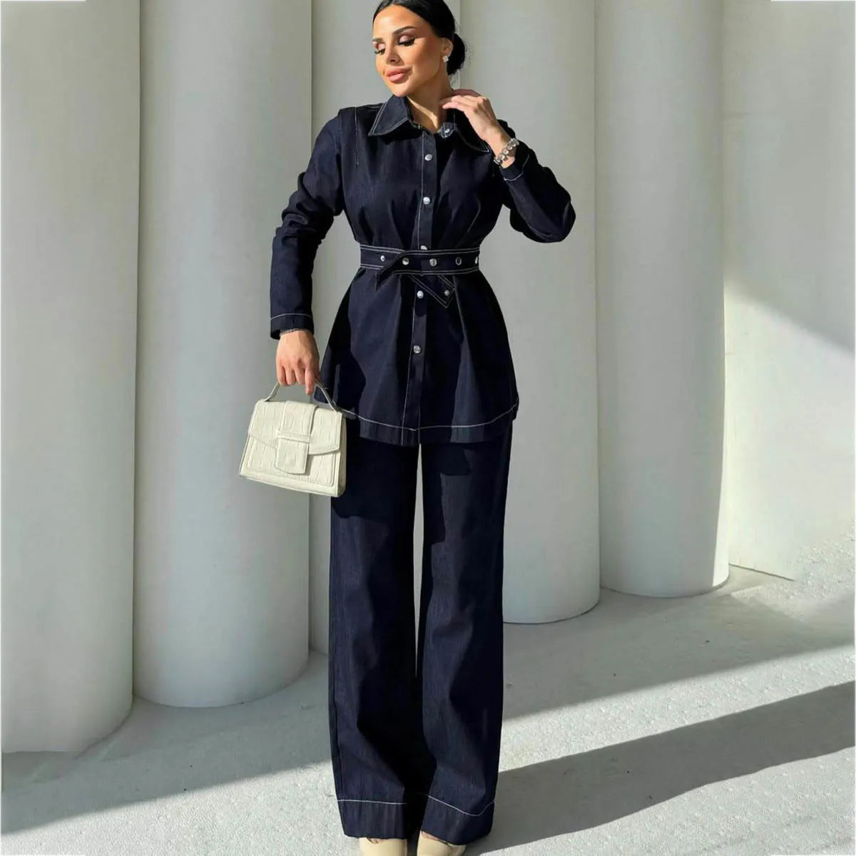 Tuta denim donna 2025 – giacca lunga a maniche lunghe + pantaloni a gamba ampia di alta qualità, stile autunnale