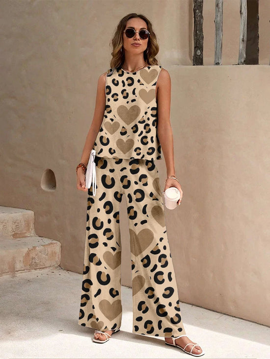 Set 2-pezzi donna stampa leopardo canotta e pantaloni — completo casual estate/inverno, stile urban street