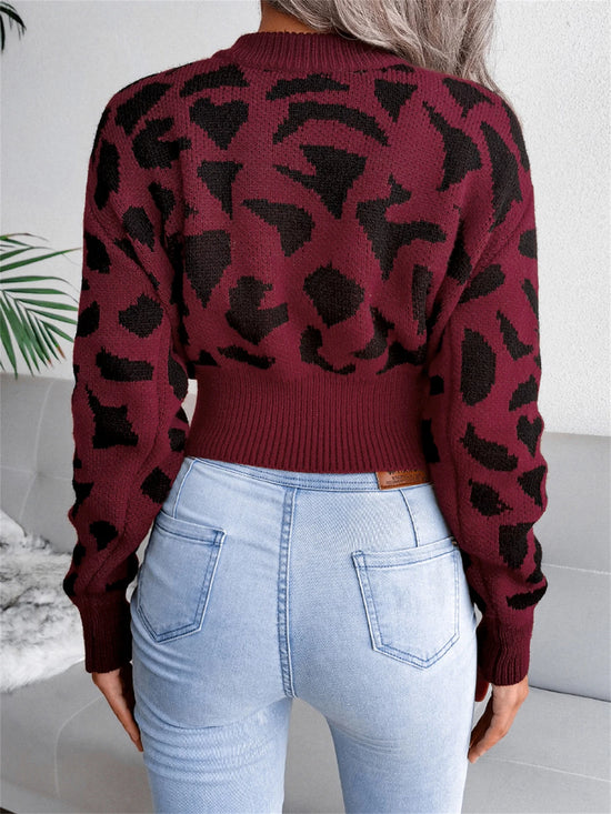 Pullover con stampa leopardata donna – Maglione corto girocollo per autunno/inverno, knit con raccolta in vita
