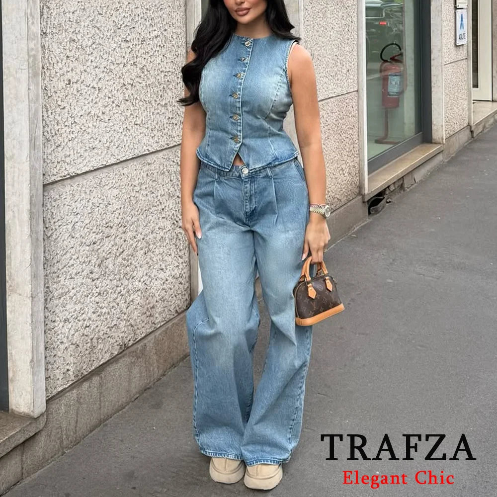 Set denim donna 2 pezzi 2025 – gilet con bottoni + jeans a vita alta wide-leg, look streetwear casual chic