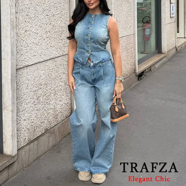 Set denim donna 2 pezzi 2025 – gilet con bottoni + jeans a vita alta wide-leg, look streetwear casual chic