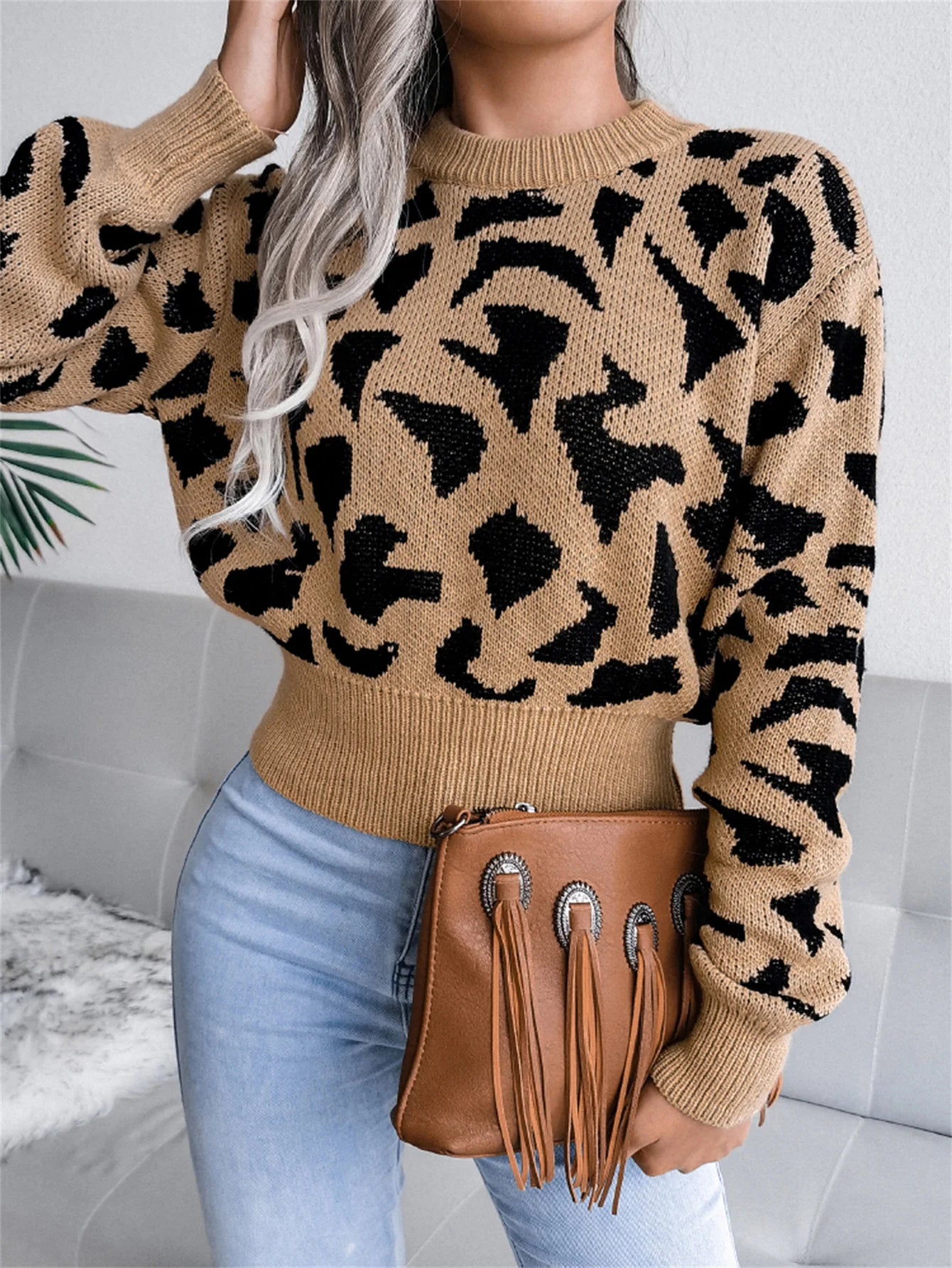 Pullover con stampa leopardata donna – Maglione corto girocollo per autunno/inverno, knit con raccolta in vita
