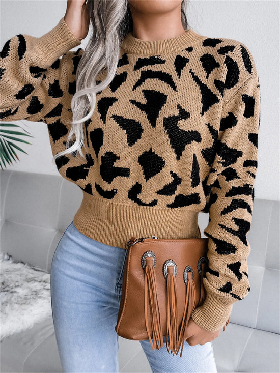 Pullover con stampa leopardata donna – Maglione corto girocollo per autunno/inverno, knit con raccolta in vita
