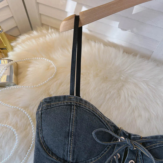 Top Denim Corsetto con Reggiseno Integrato – Crop Top Donna