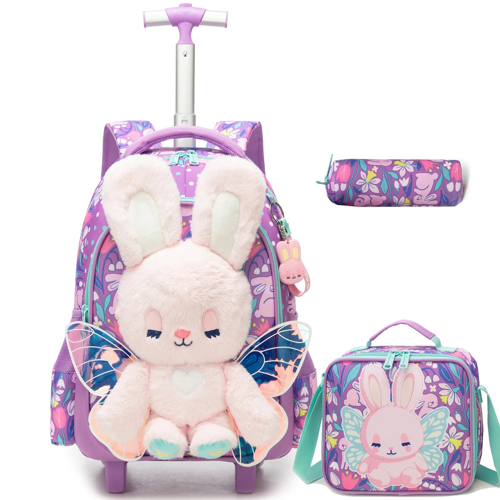 Girls 3D Plush Cat Rolling Backpack 3PCS Set - Waterproof Trolley School Bag with Wheels, Insulated Lunch Bag and Pencil Pouch -