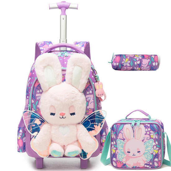Girls 3D Plush Cat Rolling Backpack 3PCS Set - Waterproof Trolley School Bag with Wheels, Insulated Lunch Bag and Pencil Pouch -