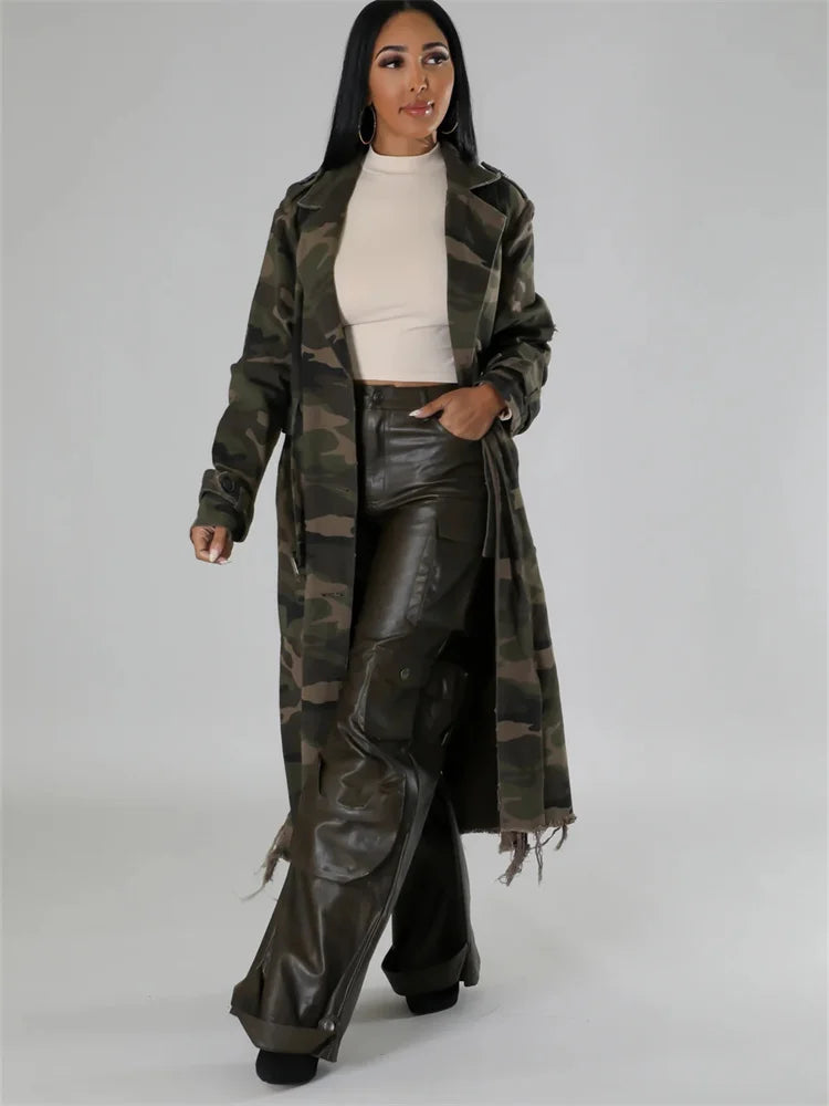 Trench camouflage oversize da donna | stile streetwear, lungo e ripped – taglie S-2XL