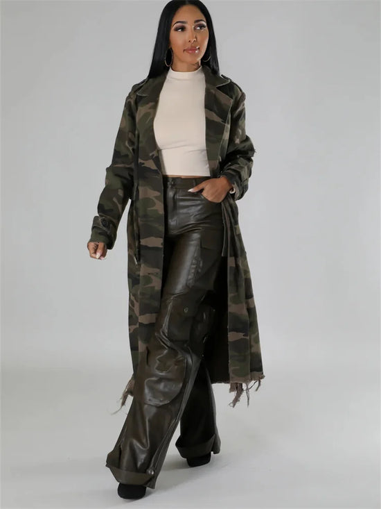 Trench camouflage oversize da donna | stile streetwear, lungo e ripped – taglie S-2XL