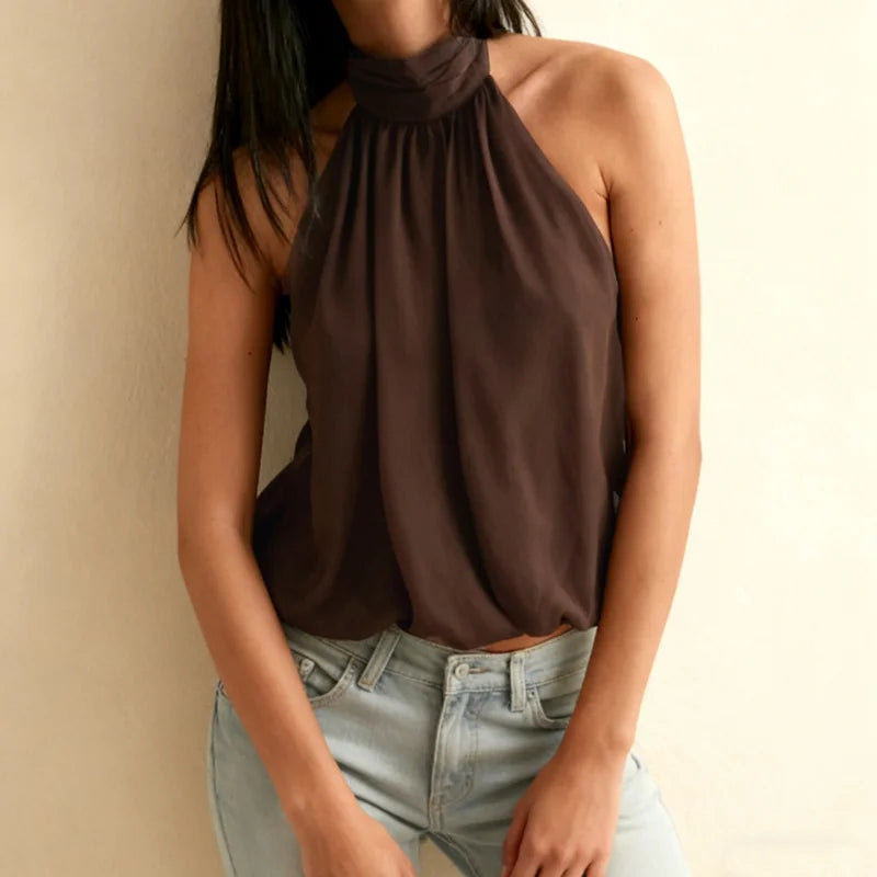 Women Puffy Halter Top Bubble Hem Pleated Halterneck Tank Top Elegant Sexy Backless Going Out Crop Camisole