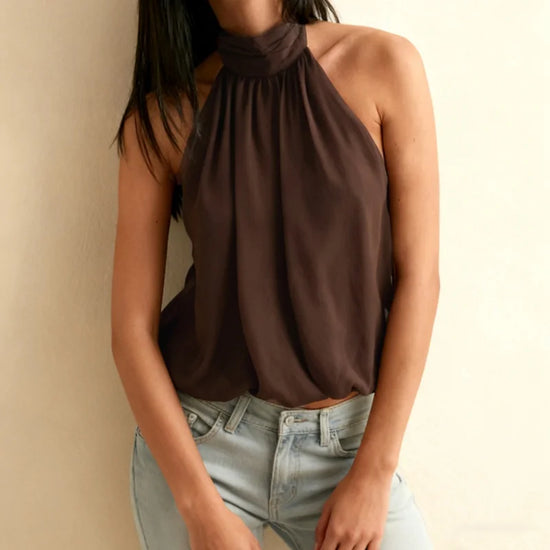 Women Puffy Halter Top Bubble Hem Pleated Halterneck Tank Top Elegant Sexy Backless Going Out Crop Camisole