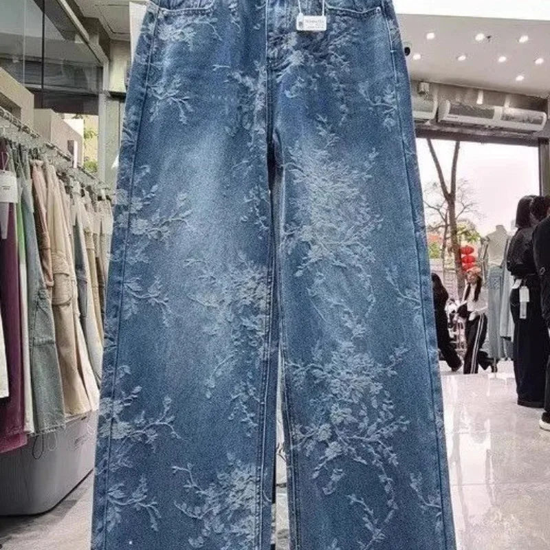 Jeans Wide Leg Donna a Vita Alta con Motivo Jacquard