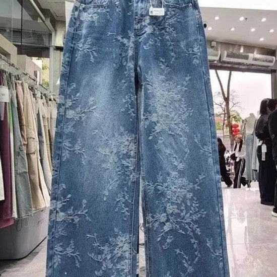 Jeans Wide Leg Donna a Vita Alta con Motivo Jacquard